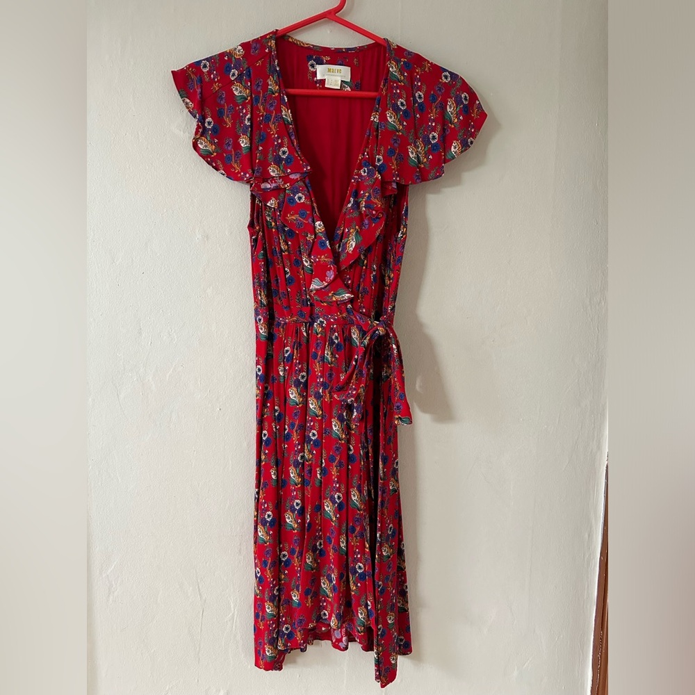 Red Maeve floral print midi faux wrap dress w/ ruffle sleeves, size 2